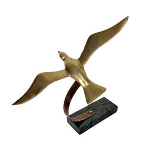 Vintage MCM Movable Flying Brass Seagull In Flight Balanced On Marble Stand